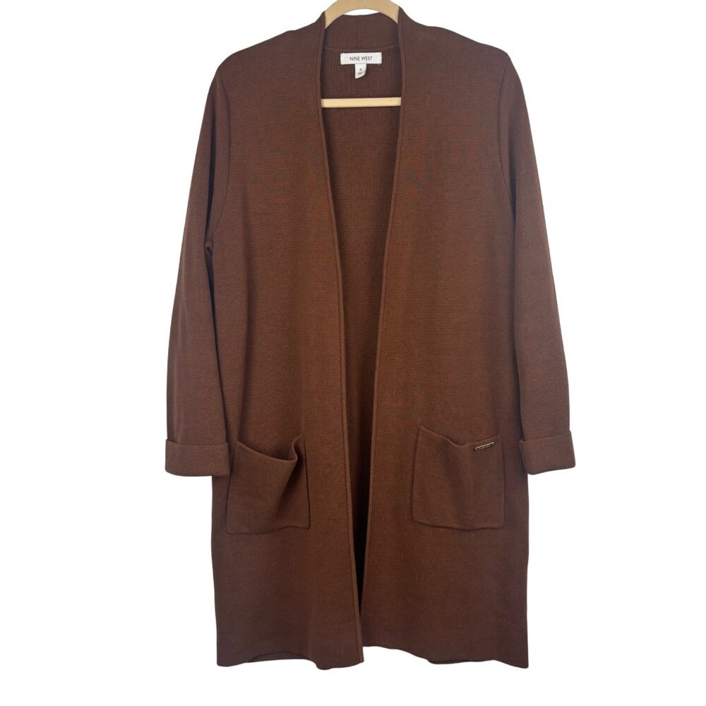 Nine West Womens M Open Front Cardigan Duster Sweater Brown Medium Pockets